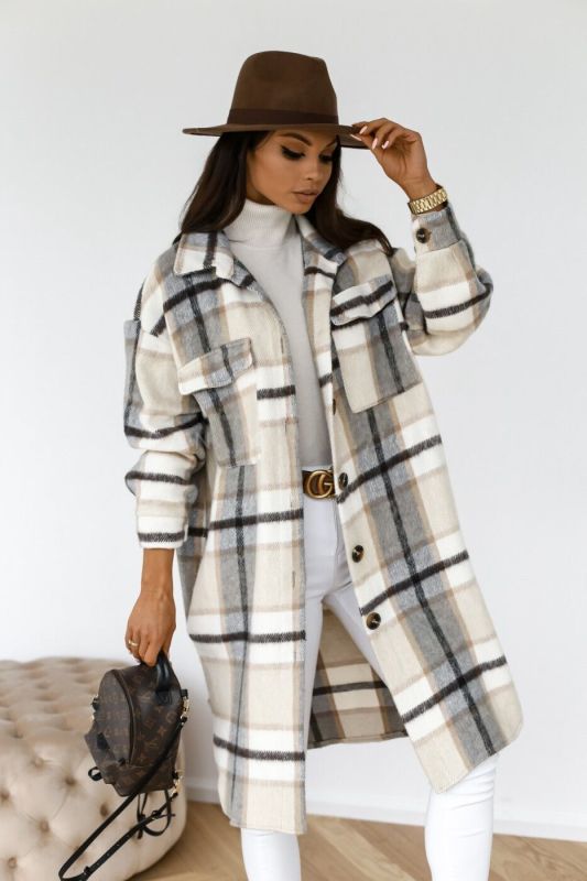 Jackets- Checked Shirt Long Jacket - Checked Coat- - Pekosa Women Clothing