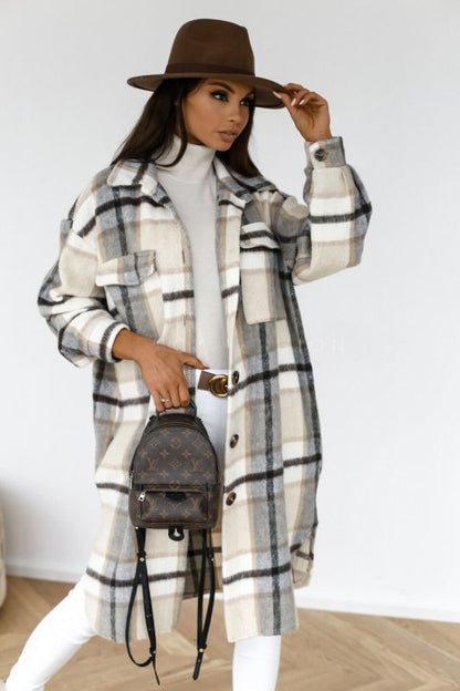 Jackets- Checked Shirt Long Jacket - Checked Coat- - Pekosa Women Clothing