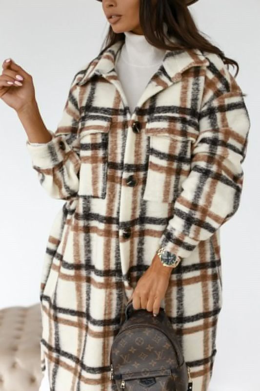 Jackets- Checked Shirt Long Jacket - Checked Coat- Khaki plaid- Pekosa Women Clothing