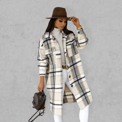 Jackets- Checked Shirt Long Jacket - Checked Coat- White plaid- Pekosa Women Clothing