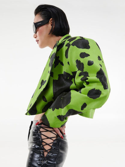 Jackets- Cow Print Lapel Crop Faux-Leather Biker Jacket- - IndioGear Clothing and Gear