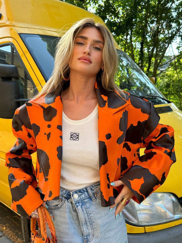 Jackets- Cow Print Lapel Crop Faux-Leather Biker Jacket- Orange- IndioGear Clothing and Gear