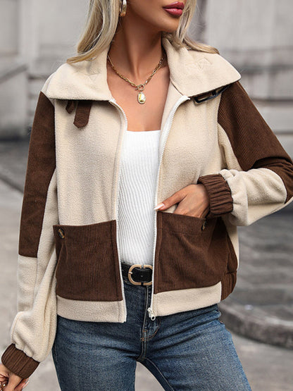 Jackets- Cozy Teddy Bear Fur Patched Zip Jacket for Winter- Coffee- IndioGear Fashion and Gear