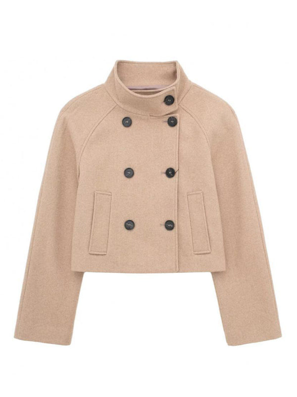 Jackets- Double Breasted Woolen Jacket | Stand Collar Crop Peacoat- - IndioGear Fashion and Gear