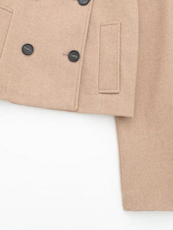 Jackets- Double Breasted Woolen Jacket | Stand Collar Crop Peacoat- - IndioGear Fashion and Gear