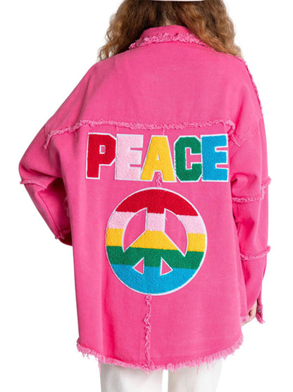 Express Peace Theme Rainbow Shacket | Distressed Patchwork Denim Shirt Jacket