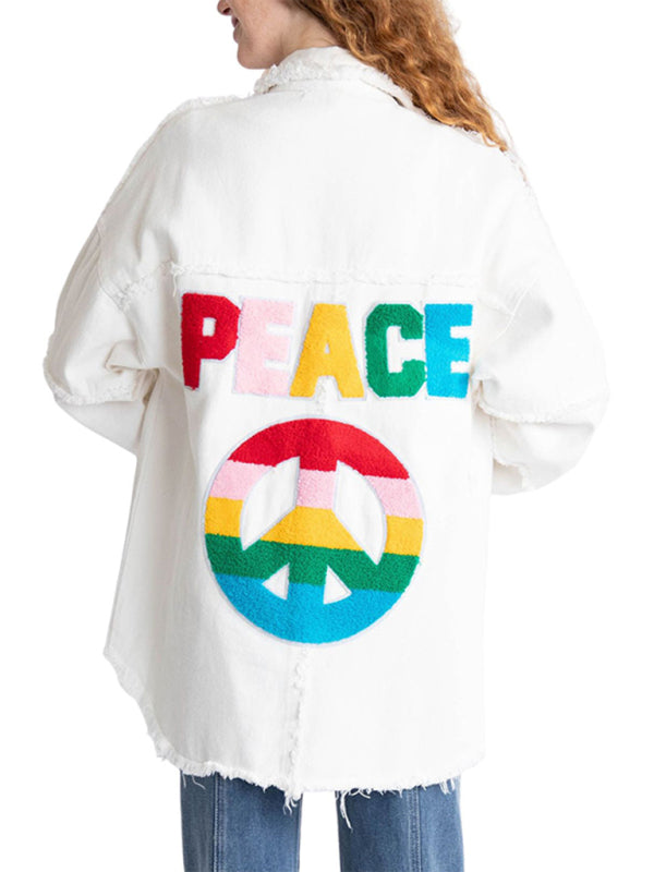 Express Peace Theme Rainbow Shacket | Distressed Patchwork Denim Shirt Jacket