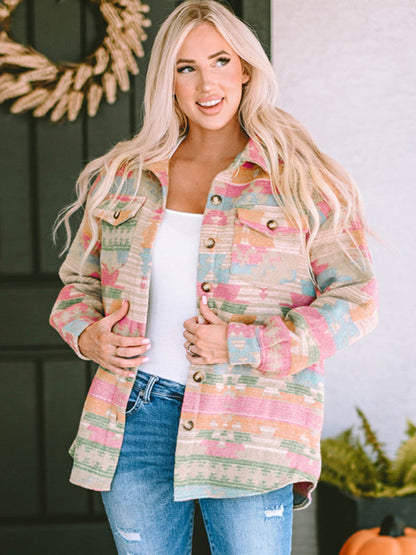 Fall Aztec Print Mid-Length Shirt Jacket