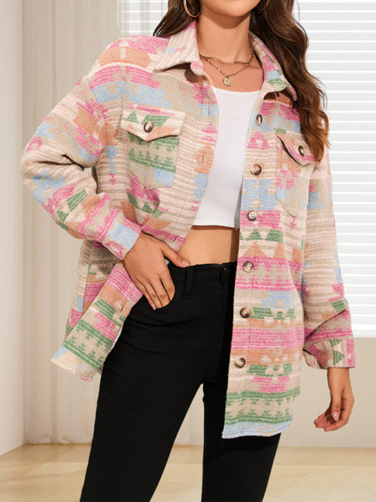 Fall Aztec Print Mid-Length Shirt Jacket