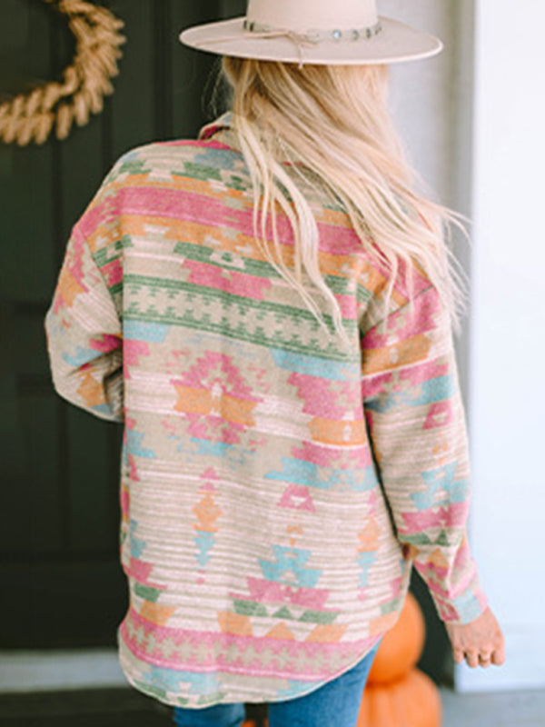 Fall Aztec Print Mid-Length Shirt Jacket