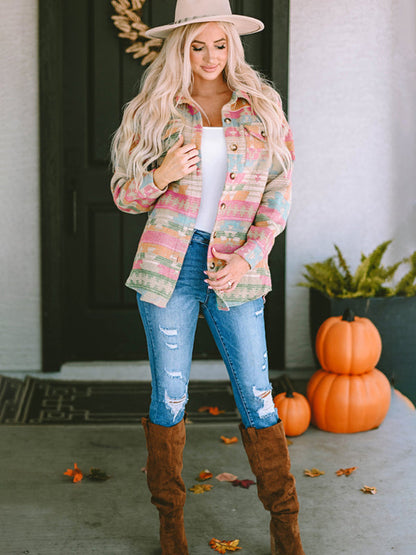 Fall Aztec Print Mid-Length Shirt Jacket