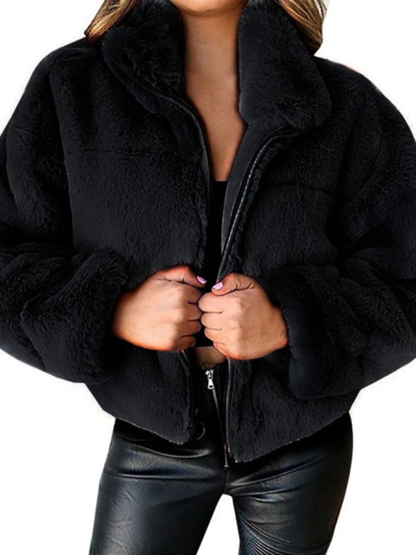 Jackets- Faux Fur Teddy Bear Crop Jacket | Plush Zip-Up Jacket- - IndioGear Fashion and Gear