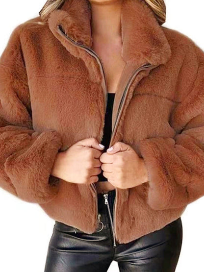 Jackets- Faux Fur Teddy Bear Crop Jacket | Plush Zip-Up Jacket- - IndioGear Fashion and Gear