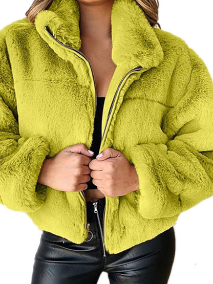 Jackets- Faux Fur Teddy Bear Crop Jacket | Plush Zip-Up Jacket- - IndioGear Fashion and Gear