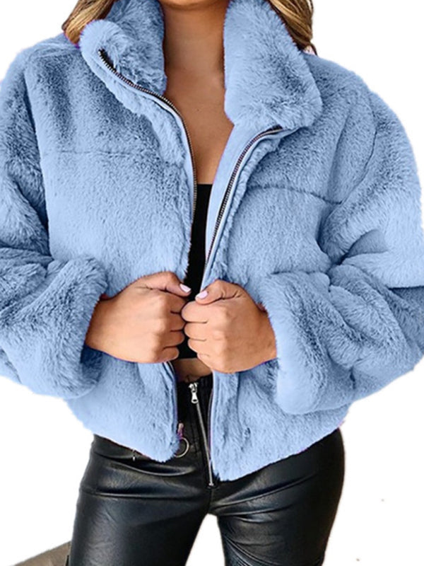 Jackets- Faux Fur Teddy Bear Crop Jacket | Plush Zip-Up Jacket- - IndioGear Fashion and Gear