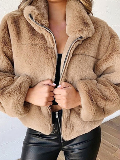 Jackets- Faux Fur Teddy Bear Crop Jacket | Plush Zip-Up Jacket- - IndioGear Fashion and Gear