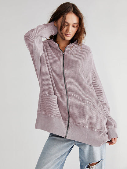 Jackets Hoodies- Waffle Zip-up Jacket - Oversized Hoodie- Pink- IndioGear Fashion and Gear