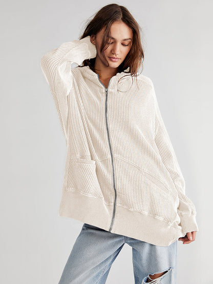 Jackets Hoodies- Waffle Zip-up Jacket - Oversized Hoodie- White- IndioGear Fashion and Gear