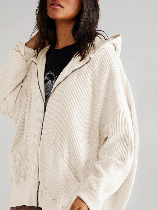 Jackets Hoodies- Waffle Zip-up Jacket - Oversized Hoodie- - IndioGear Fashion and Gear