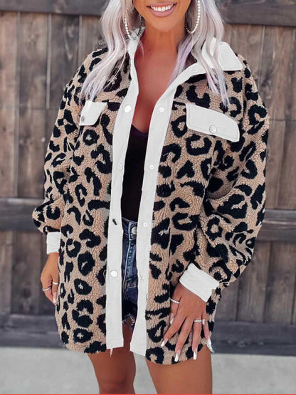 Jackets- Plush Contrast Animal Print Button Jacket- White- IndioGear Fashion and Gear