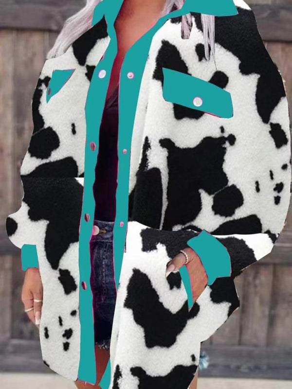 Jackets- Plush Contrast Animal Print Button Jacket- Turquoise- IndioGear Fashion and Gear