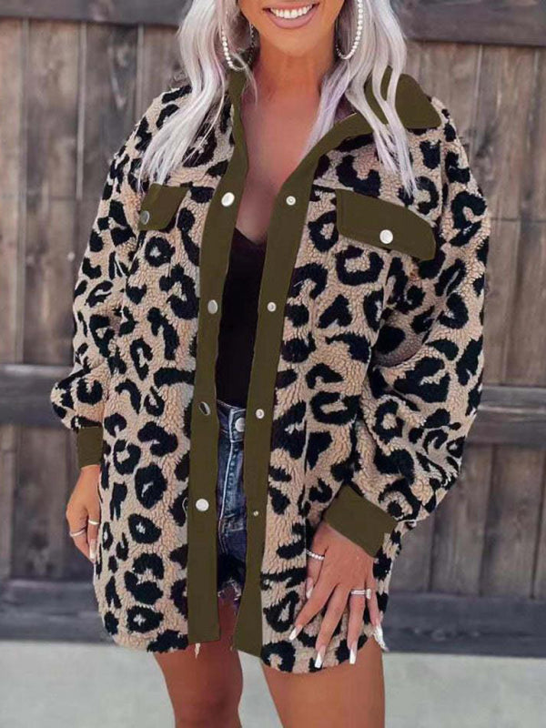 Jackets- Plush Contrast Animal Print Button Jacket- - IndioGear Fashion and Gear