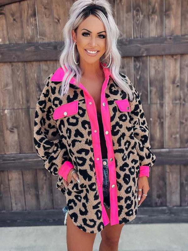 Jackets- Plush Contrast Animal Print Button Jacket- - IndioGear Fashion and Gear