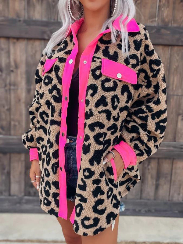 Jackets- Plush Contrast Animal Print Button Jacket- Pink- IndioGear Fashion and Gear