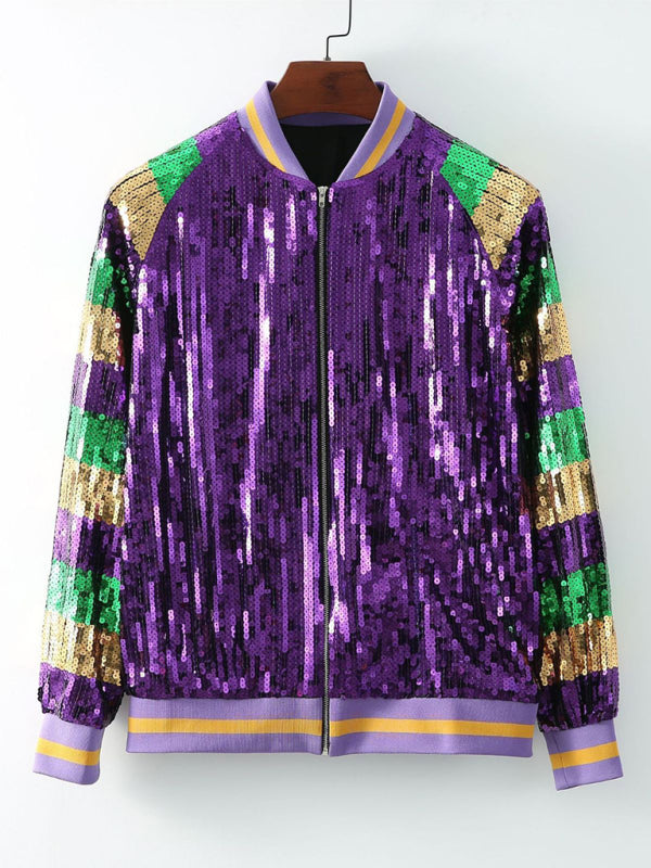 Jackets- Sparkling Mardi Gras Sequined Baseball Zip-Up Sport Jacket- - IndioGear Fashion and Gear