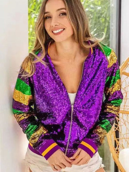 Jackets- Sparkling Mardi Gras Sequined Baseball Zip-Up Sport Jacket- Purple- IndioGear Fashion and Gear