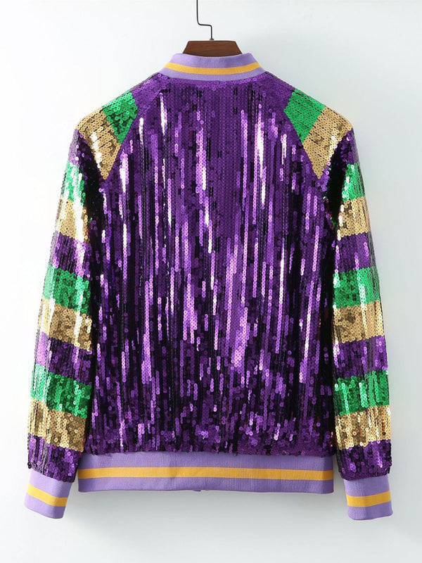 Jackets- Sparkling Mardi Gras Sequined Baseball Zip-Up Sport Jacket- - IndioGear Fashion and Gear