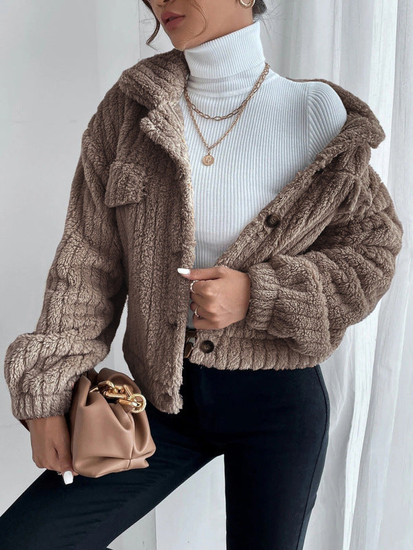 Jackets- Trendy Plush Jacket - Warm Faux Fur, Flap Pockets Crop Jacket- Camel- Pekosa Women Clothing