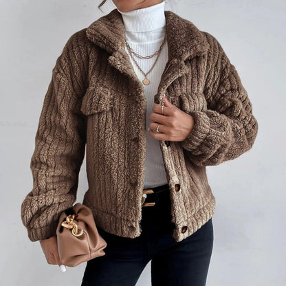 Jackets- Trendy Plush Jacket - Warm Faux Fur, Flap Pockets Crop Jacket- - Pekosa Women Clothing