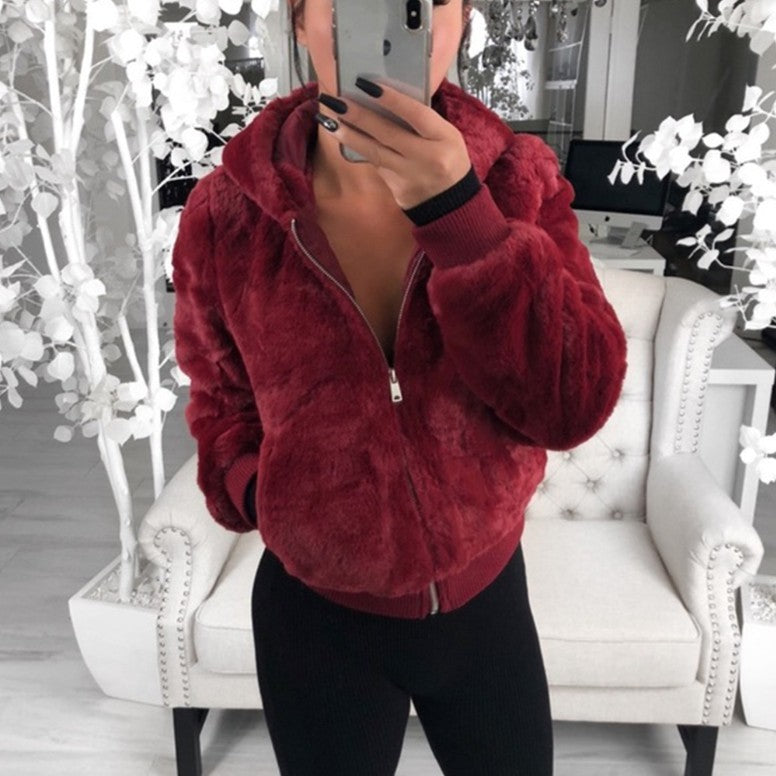 Jackets- Warm Faux Fur Jacket - Plush Ribbed Cuffs, Full Zip Hoodie- Wine Red- Pekosa Women Clothing