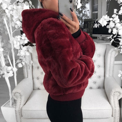 Jackets- Warm Faux Fur Jacket - Plush Ribbed Cuffs, Full Zip Hoodie- - Pekosa Women Clothing