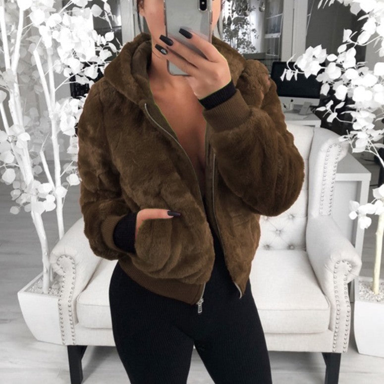 Jackets- Warm Faux Fur Jacket - Plush Ribbed Cuffs, Full Zip Hoodie- Coffee- Pekosa Women Clothing