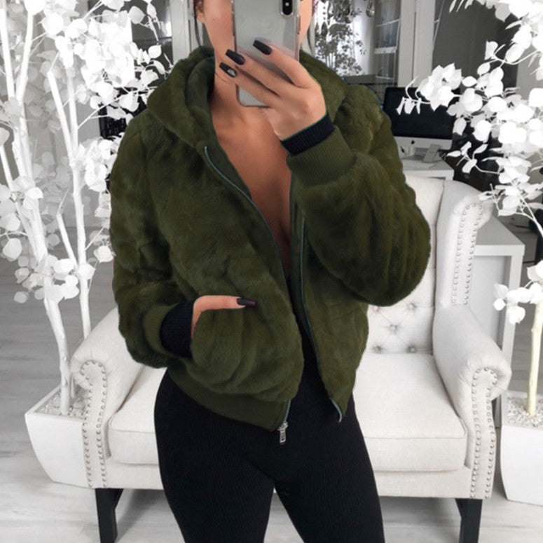 Jackets- Warm Faux Fur Jacket - Plush Ribbed Cuffs, Full Zip Hoodie- Olive green- Pekosa Women Clothing