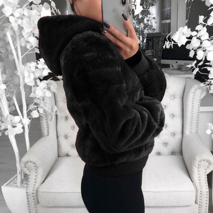 Jackets- Warm Faux Fur Jacket - Plush Ribbed Cuffs, Full Zip Hoodie- - Pekosa Women Clothing