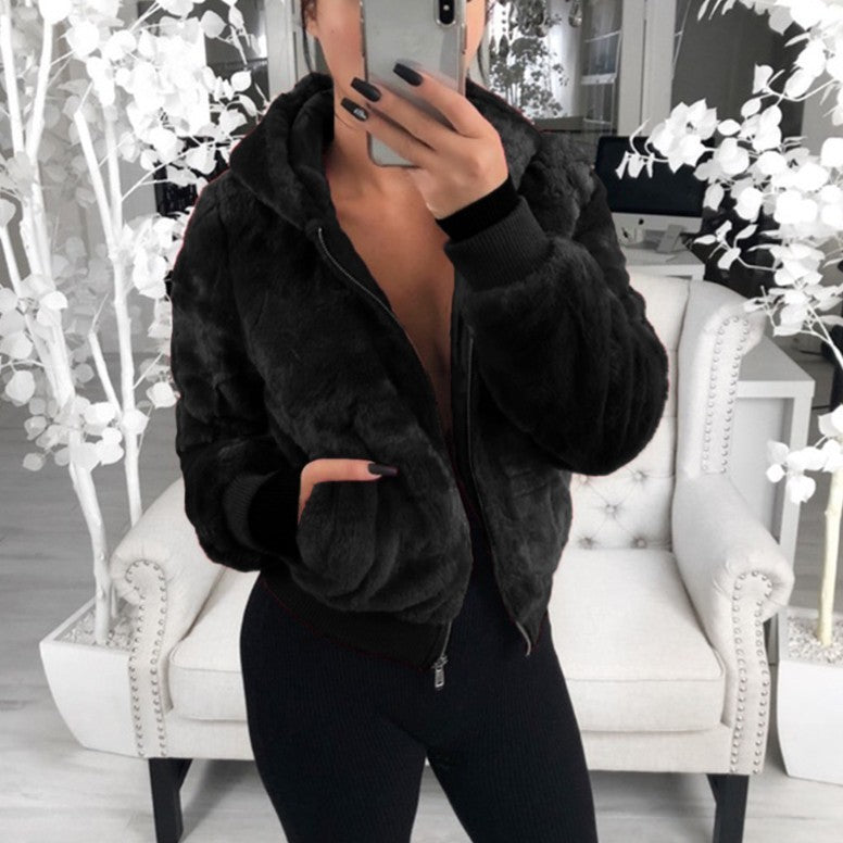 Jackets- Warm Faux Fur Jacket - Plush Ribbed Cuffs, Full Zip Hoodie- Black- Pekosa Women Clothing