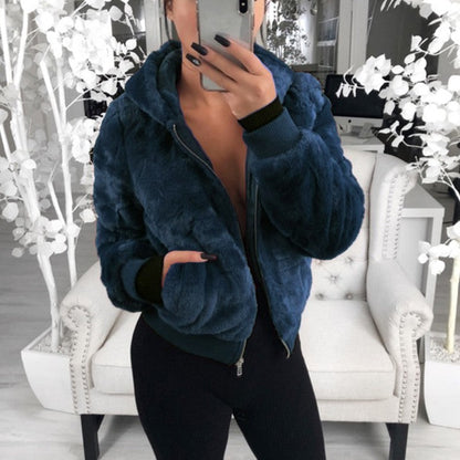 Jackets- Warm Faux Fur Jacket - Plush Ribbed Cuffs, Full Zip Hoodie- Royal blue- Pekosa Women Clothing