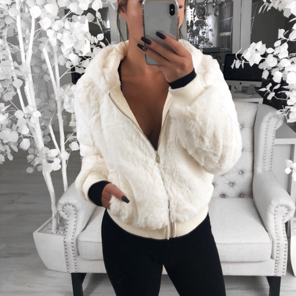 Jackets- Warm Faux Fur Jacket - Plush Ribbed Cuffs, Full Zip Hoodie- - Pekosa Women Clothing