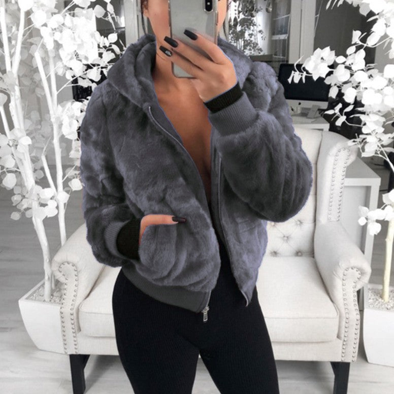 Jackets- Warm Faux Fur Jacket - Plush Ribbed Cuffs, Full Zip Hoodie- Charcoal grey- Pekosa Women Clothing