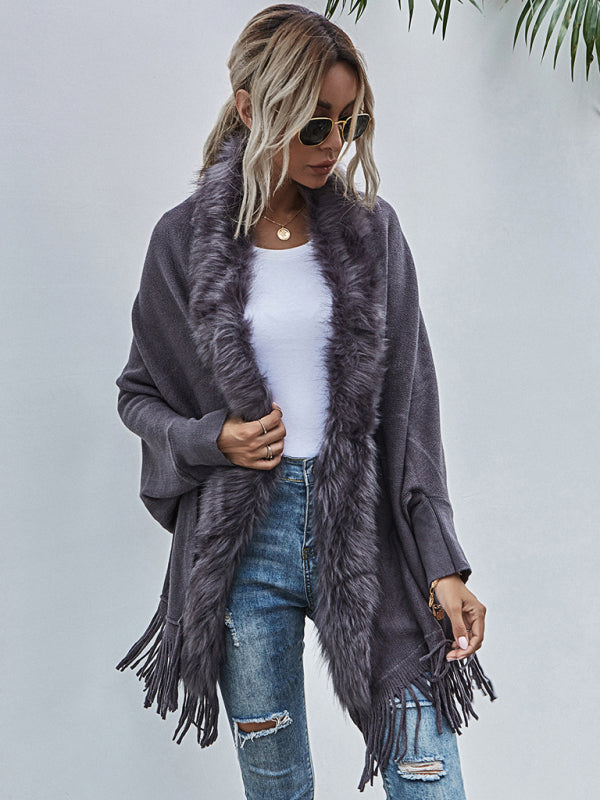 Jackets- Warm Plush Fringe Cardigan - Faux Fur Trim, Bat Sleeve Jacket- - Pekosa Women Clothing