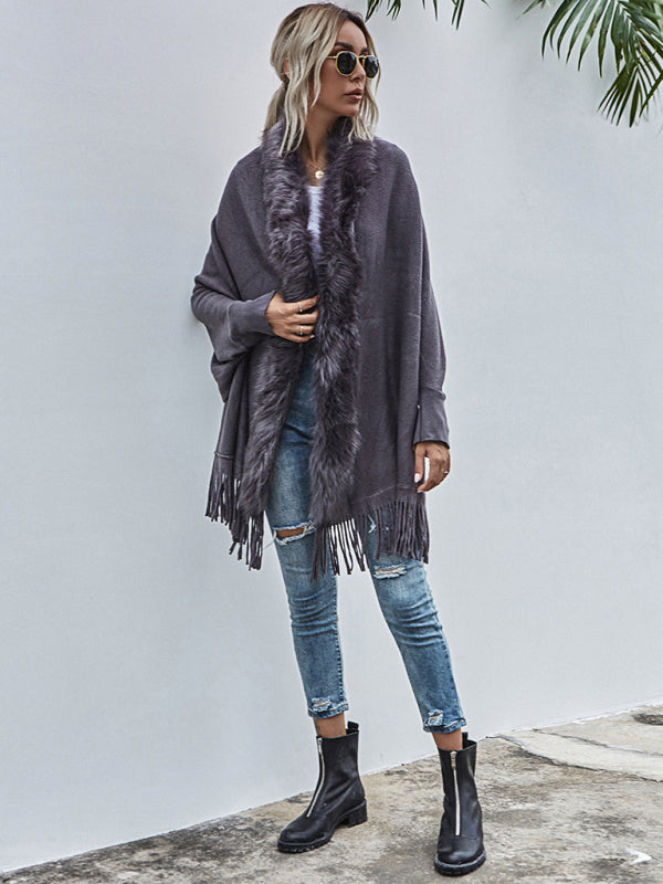 Jackets- Warm Plush Fringe Cardigan - Faux Fur Trim, Bat Sleeve Jacket- - Pekosa Women Clothing