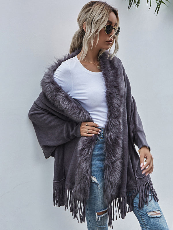 Jackets- Warm Plush Fringe Cardigan - Faux Fur Trim, Bat Sleeve Jacket- - Pekosa Women Clothing