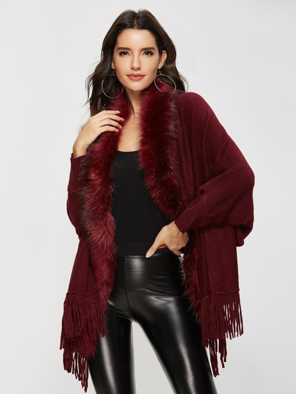 Jackets- Warm Plush Fringe Cardigan - Faux Fur Trim, Bat Sleeve Jacket- Red- Pekosa Women Clothing