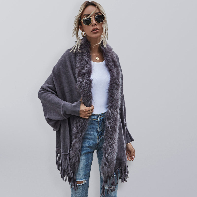 Jackets- Warm Plush Fringe Cardigan - Faux Fur Trim, Bat Sleeve Jacket- Grey- Pekosa Women Clothing