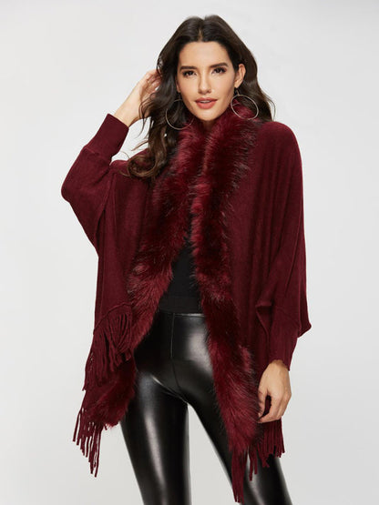 Jackets- Warm Plush Fringe Cardigan - Faux Fur Trim, Bat Sleeve Jacket- - Pekosa Women Clothing