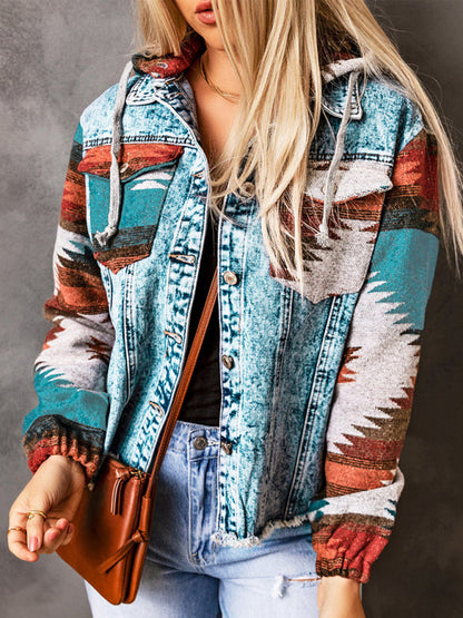 Jackets- Washed Denim Aztec Print Hooded Shacket | Distressed Denim Hoodie Jacket- - IndioGear Fashion and Gear