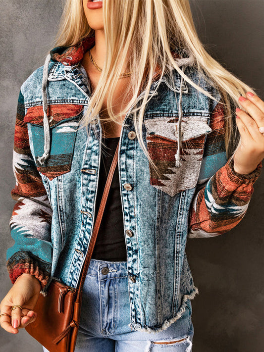 Jackets- Washed Denim Aztec Print Hooded Shacket | Distressed Denim Hoodie Jacket- Pattern1- IndioGear Fashion and Gear